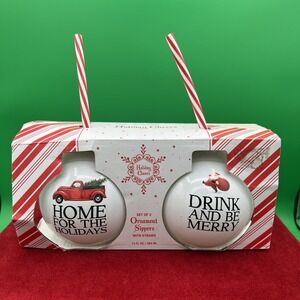 Christmas Ornament Sippers 4"- 13 oz Holiday Cheers 2pk  Glass With Straws